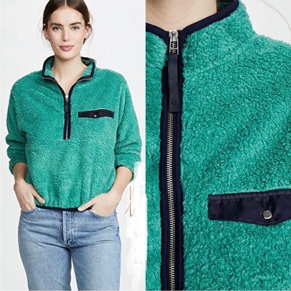 ANINE BING ❥ Sierra Green Sherpa Teddy Pullover half zip Sweatshirt M - Picture 1 of 10